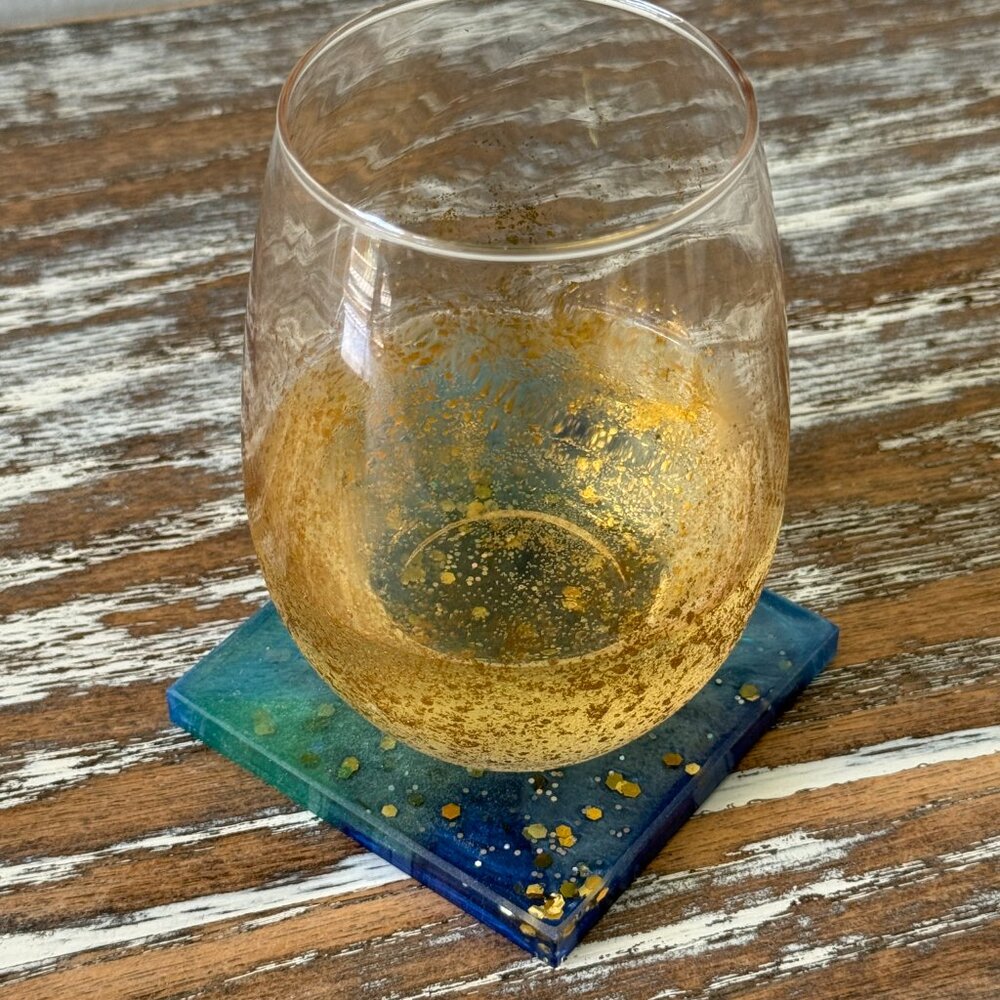 Blue Gold Galaxy Glitter Resin Drink Coasters Set of 4 House Housewarming Gift - Picture 7 of 7